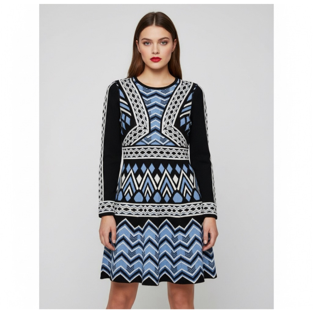 Eliza J. Black Blue Geo Stripe Long Sleeve Sweater Fit & Flare Dress Size Medium